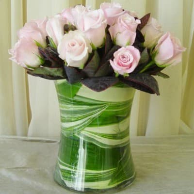Dozen Pink Roses in Glass Gathering Vase #25