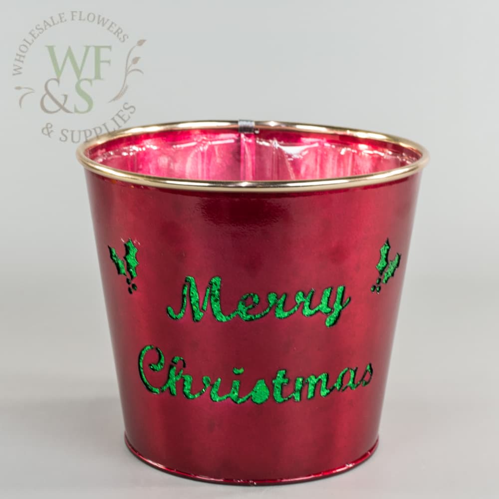 Red Metal Merry Christmas Round Pot Vase