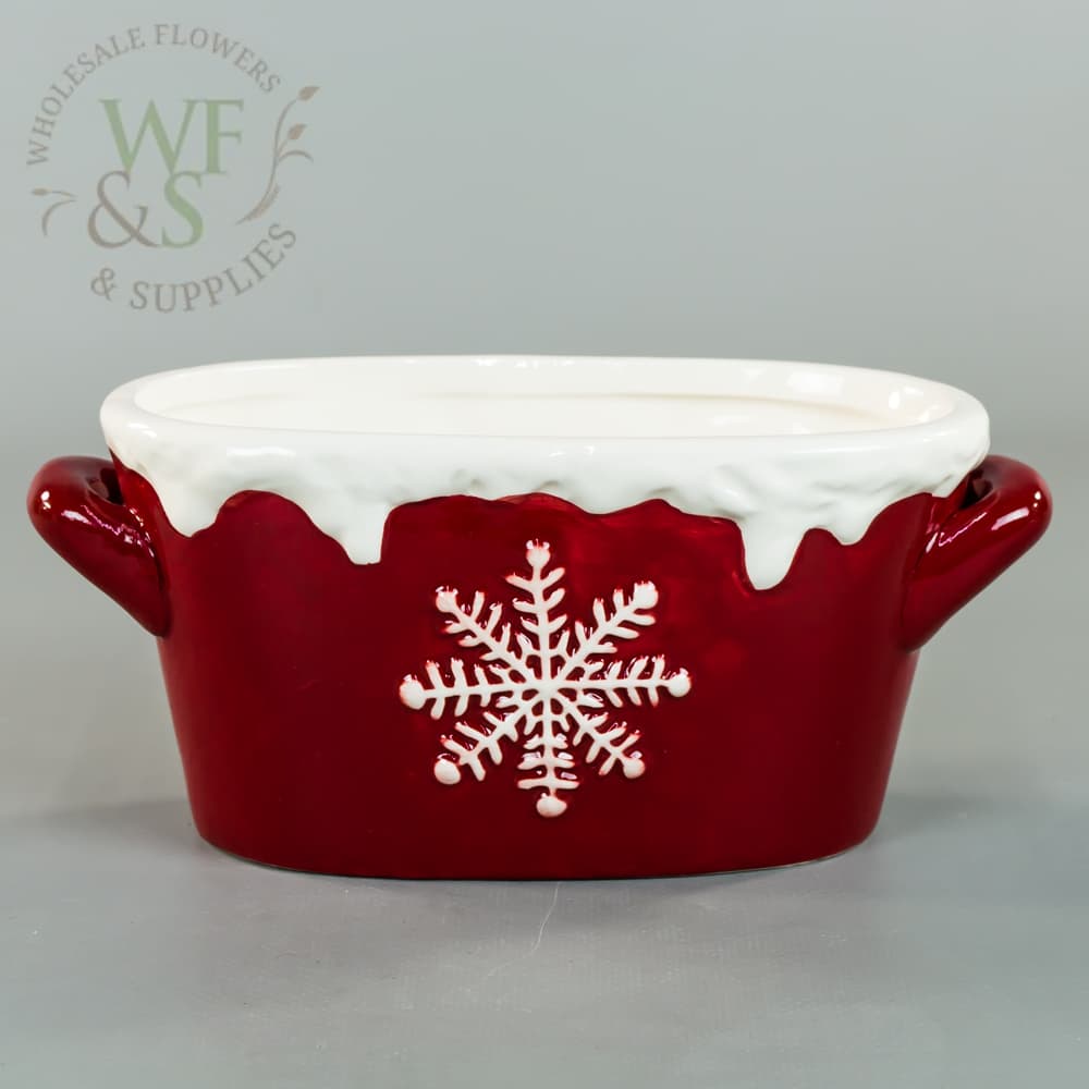 Snowflake Oval Ceramic Container in Red and White