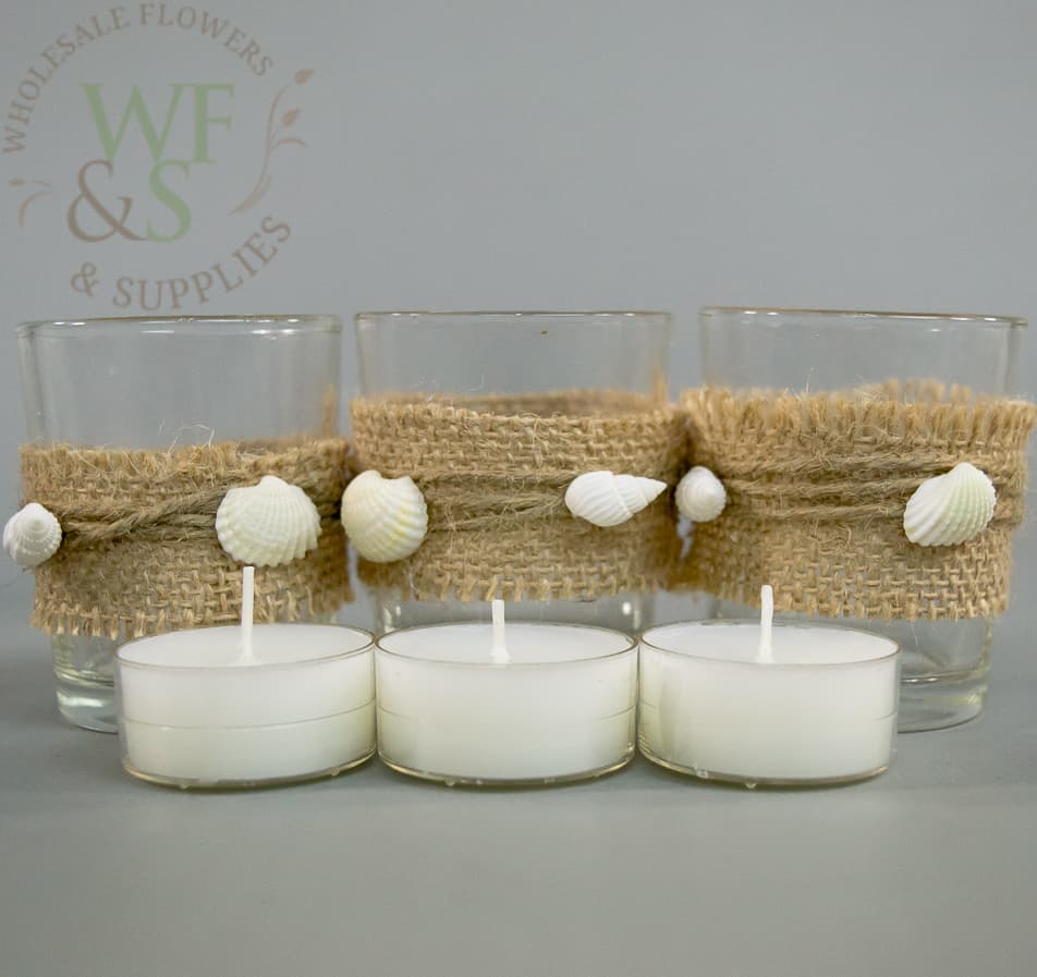 Votive Holder With Seashells and Burlap Pack of 3pc.