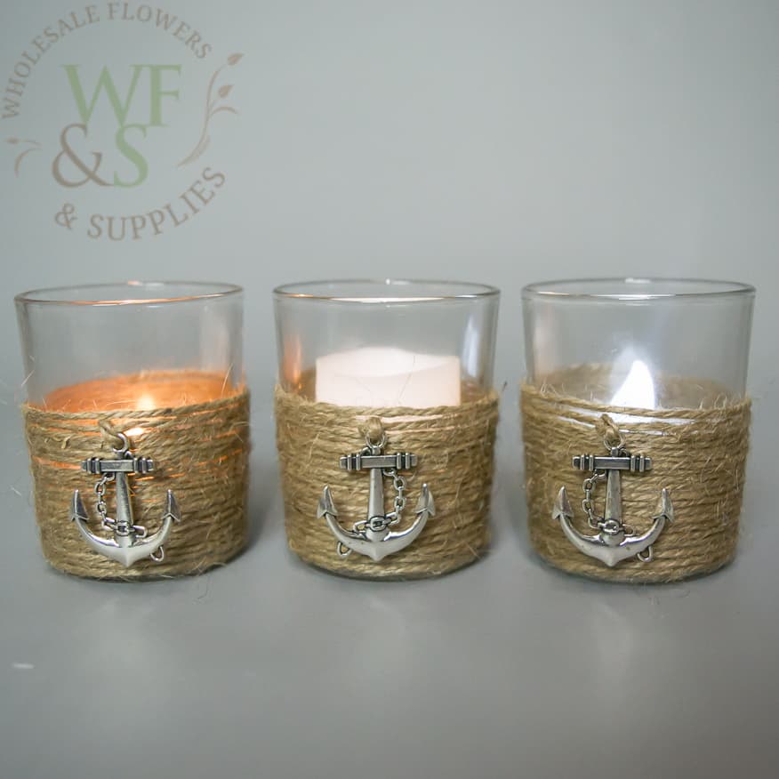 Votive Holder Nautical Theme and Jute Rope Wrapped Pack of 3pc.