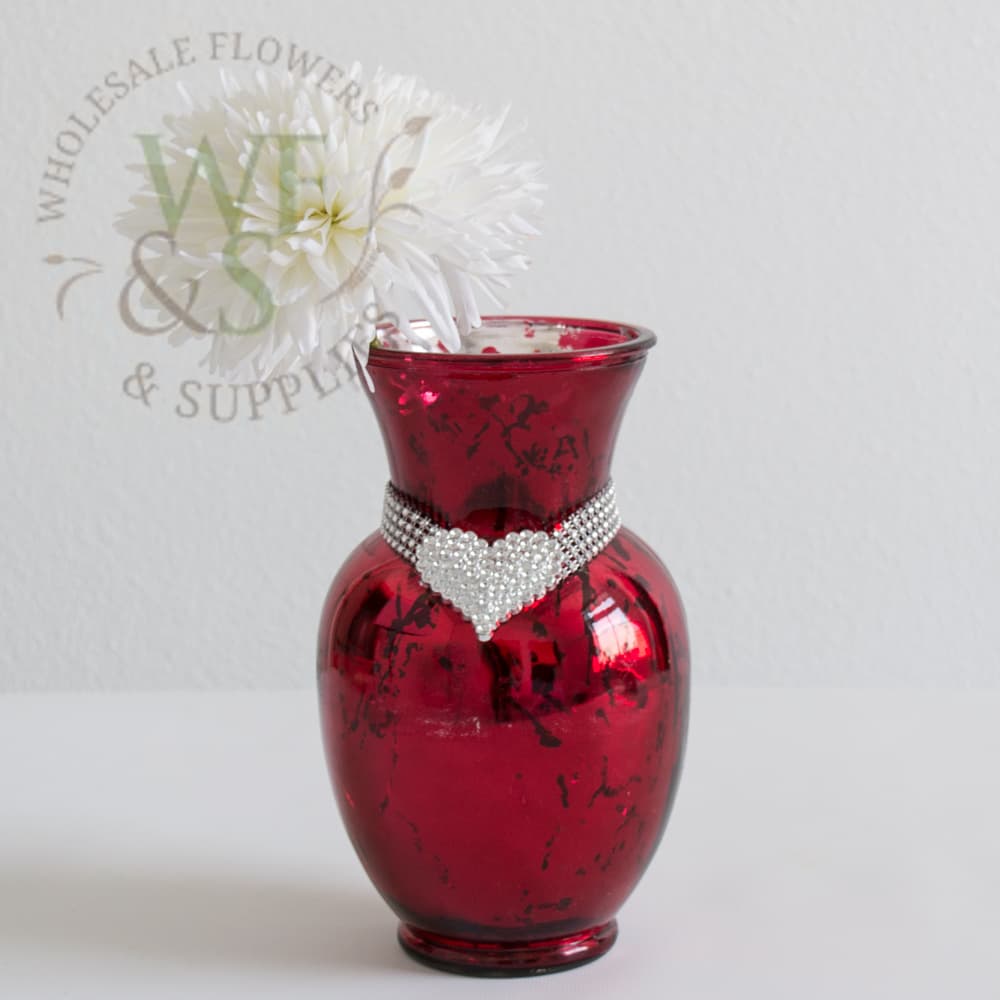 Mercury Metallic Red Classic Glass Vase  9" Removable Ribbon