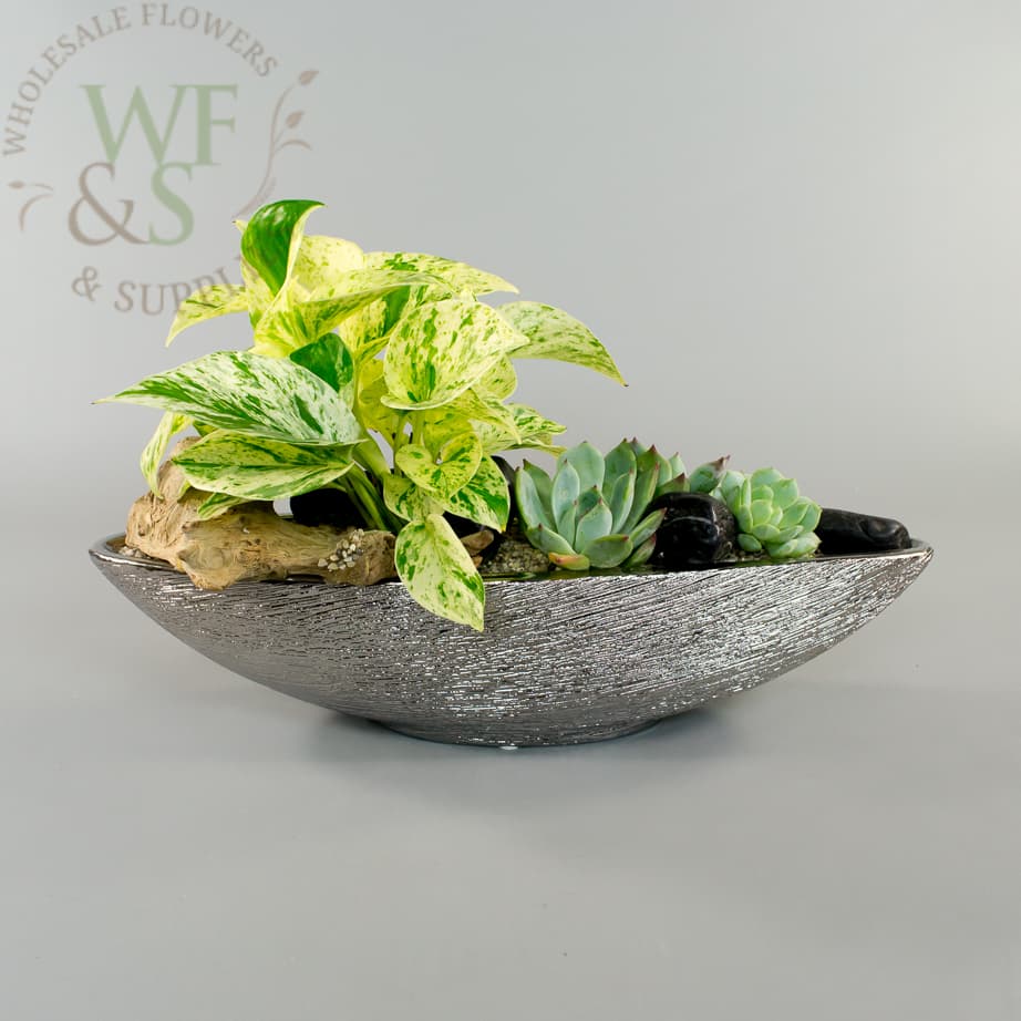 Silver Etch Ceramic Boat Shaped Vase 