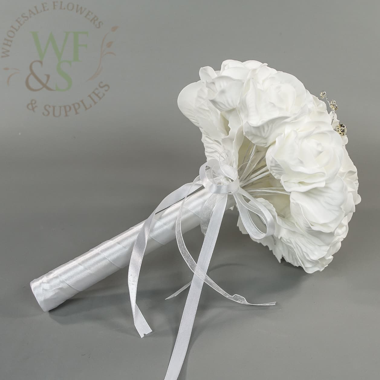 Wedding Bouquet White Roses Rhinestone Ornaments and White Pearls