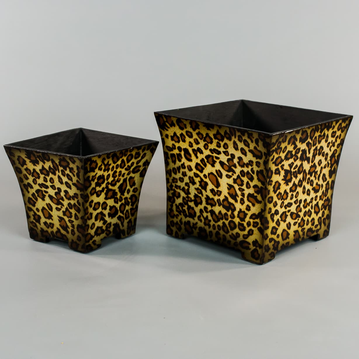 Wood Tapered Flower Pot Vase Container  Leopard Pattern Set of Two