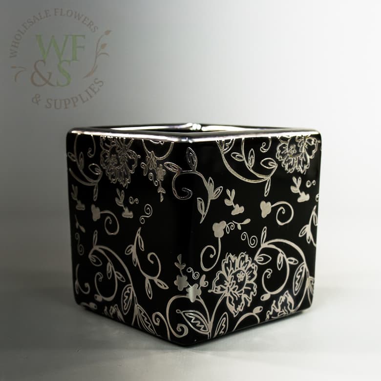Square Black Ceramic Vase With Silver Color Overlay 4" Tall