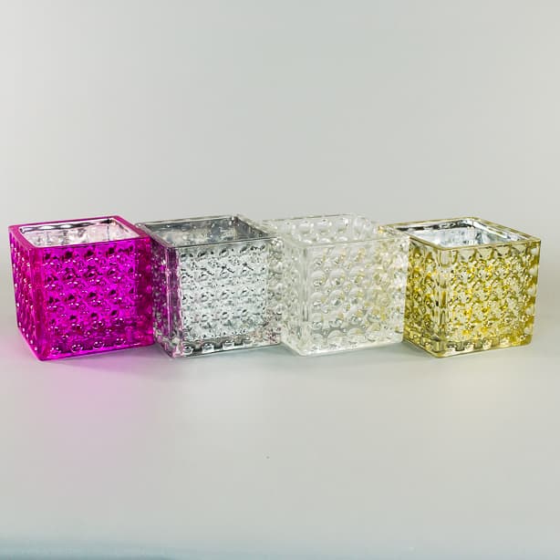Square Glass Cube Vase, Dimple Effect 4-inches x 4-inches