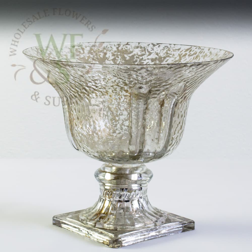 Silver Mercury Glass Plated Pedestal Urn Square Base 8.5" tall