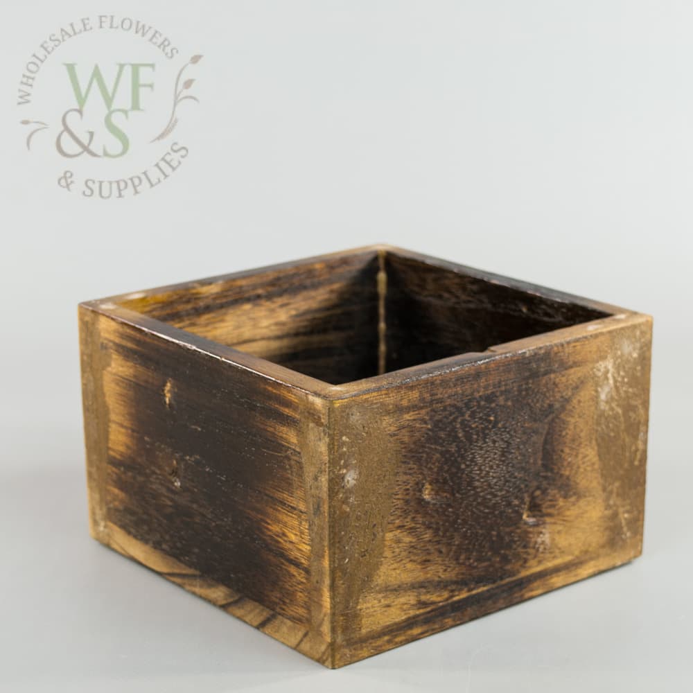 Square Burned Wood Finished Flower Pot 