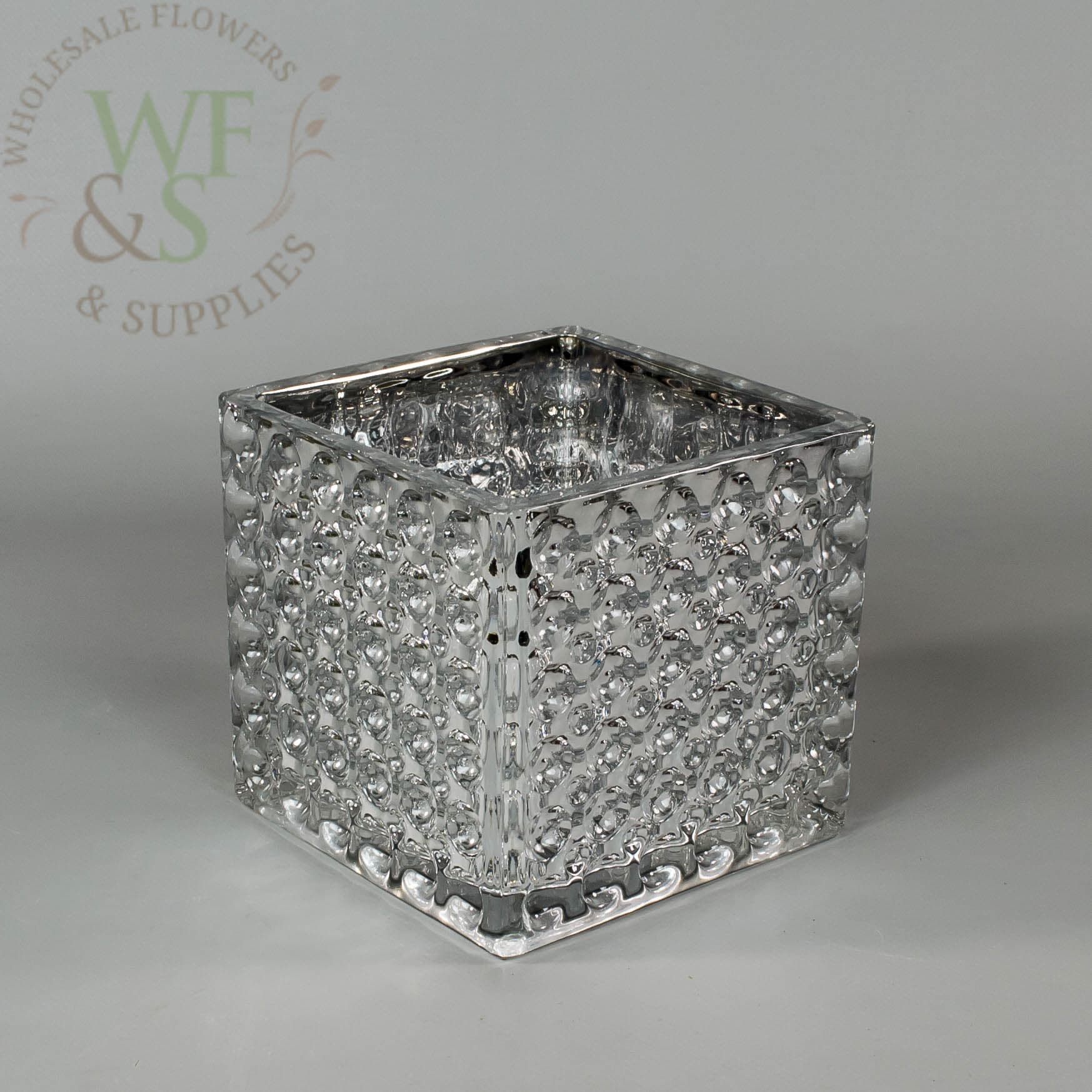 Square Silver Mirrored Glass Cube Vase Dimple Effect 4x4