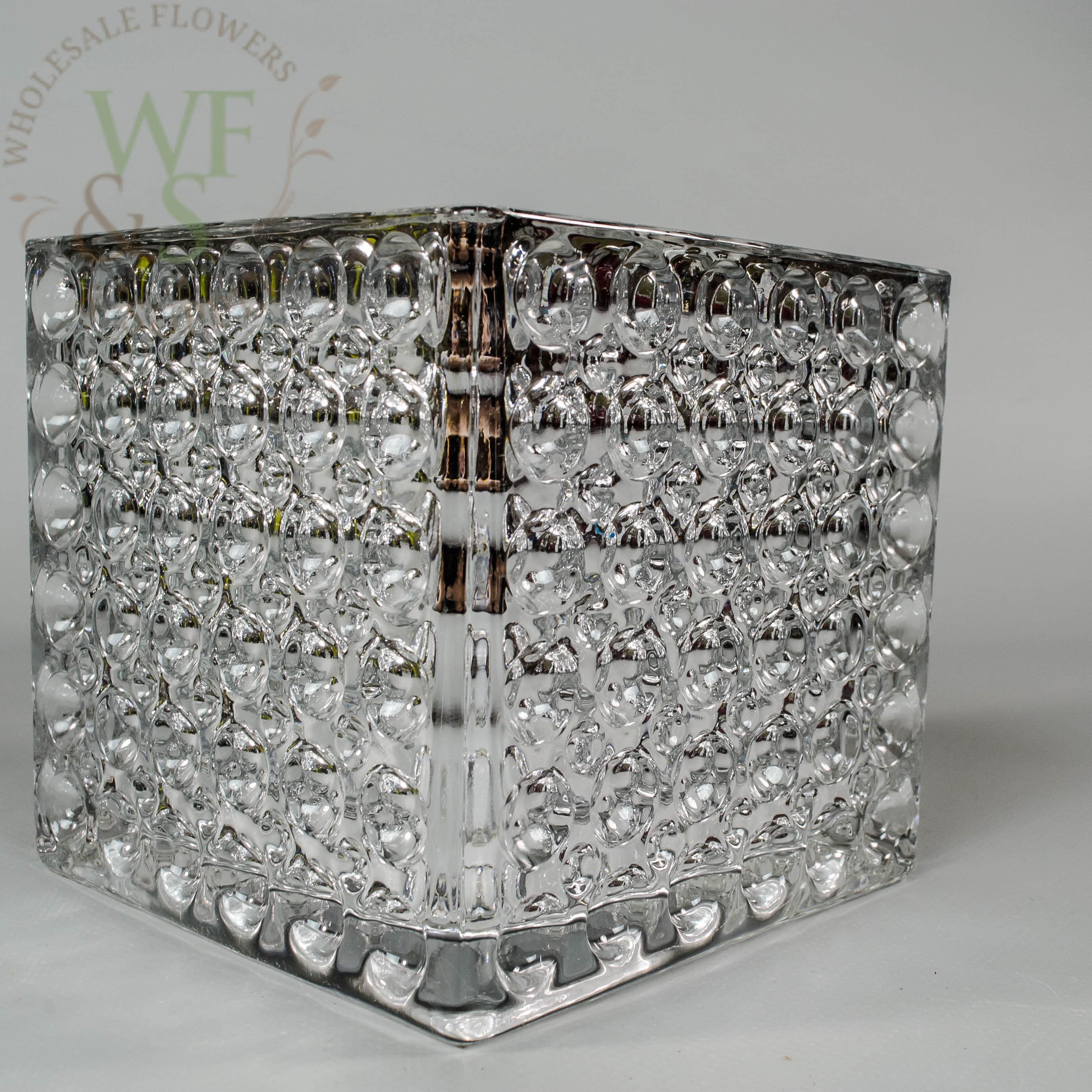 Square Silver Mirrored Glass Cube Vase Dimple Effect 5x5