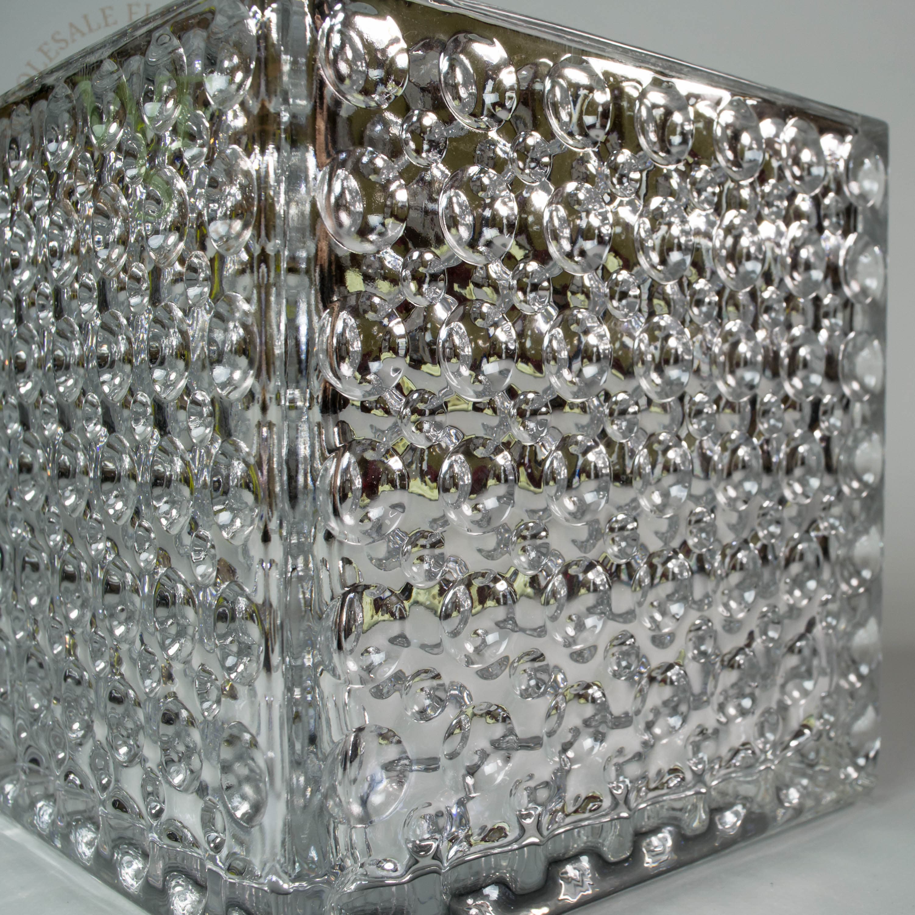 Square Silver Mirrored Glass Cube Vase Dimple Effect 6x6