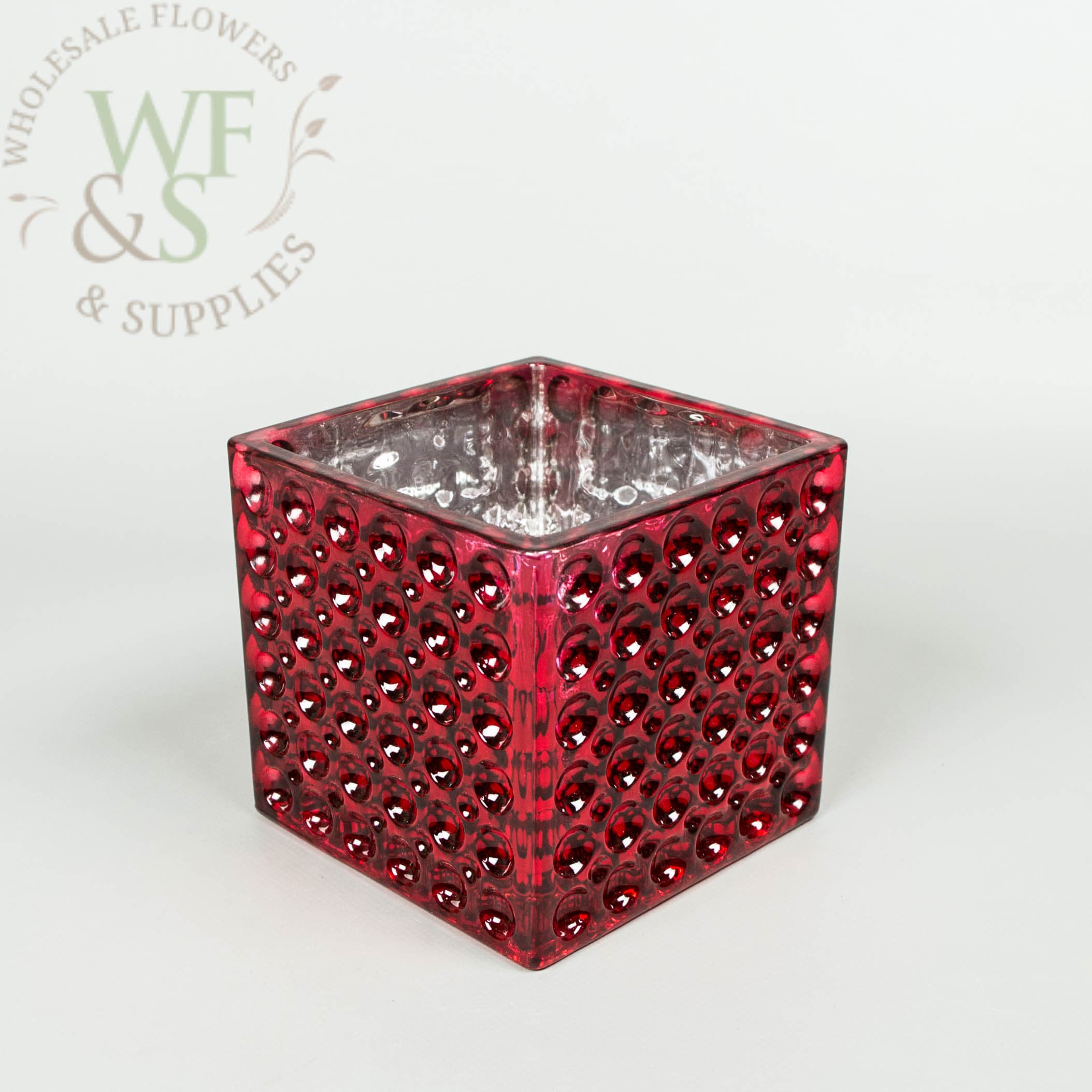 5" Red Dimple Cube Glass Vase 
