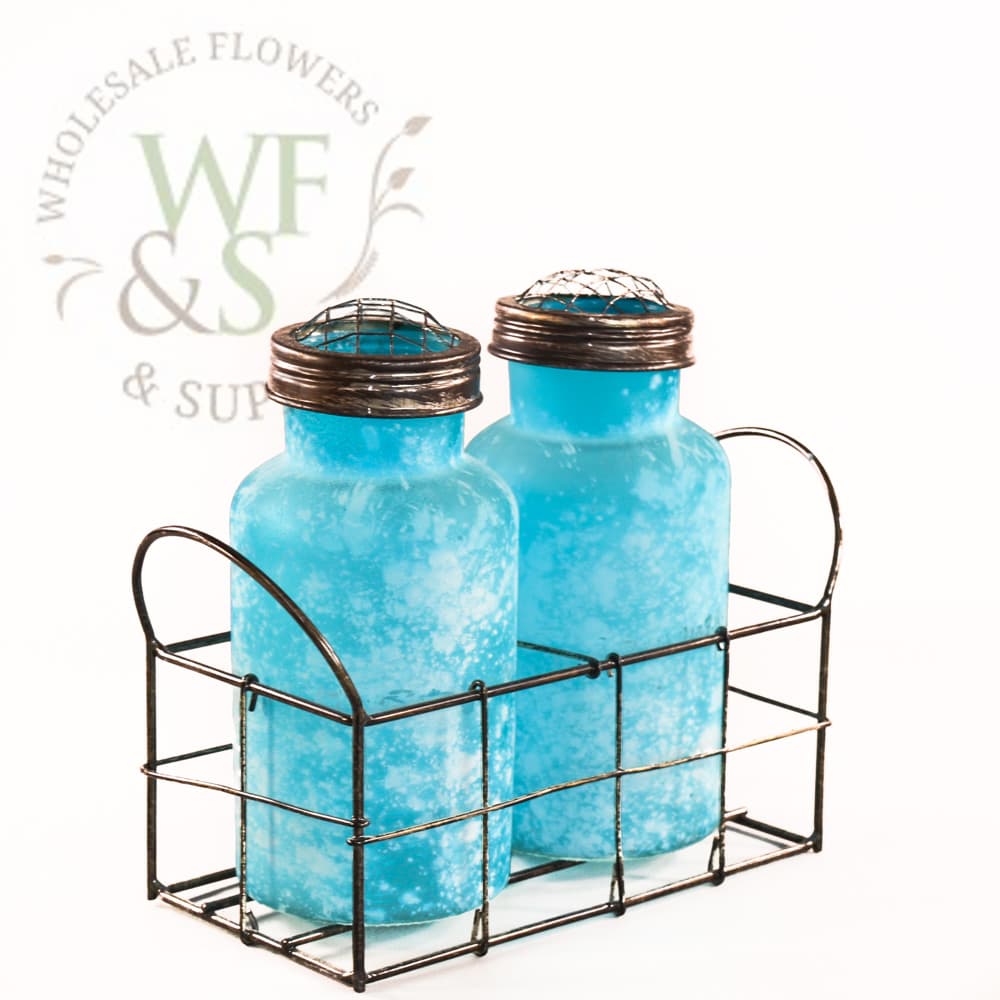 Sky Blue Glass Jars in Metal Cage Holder