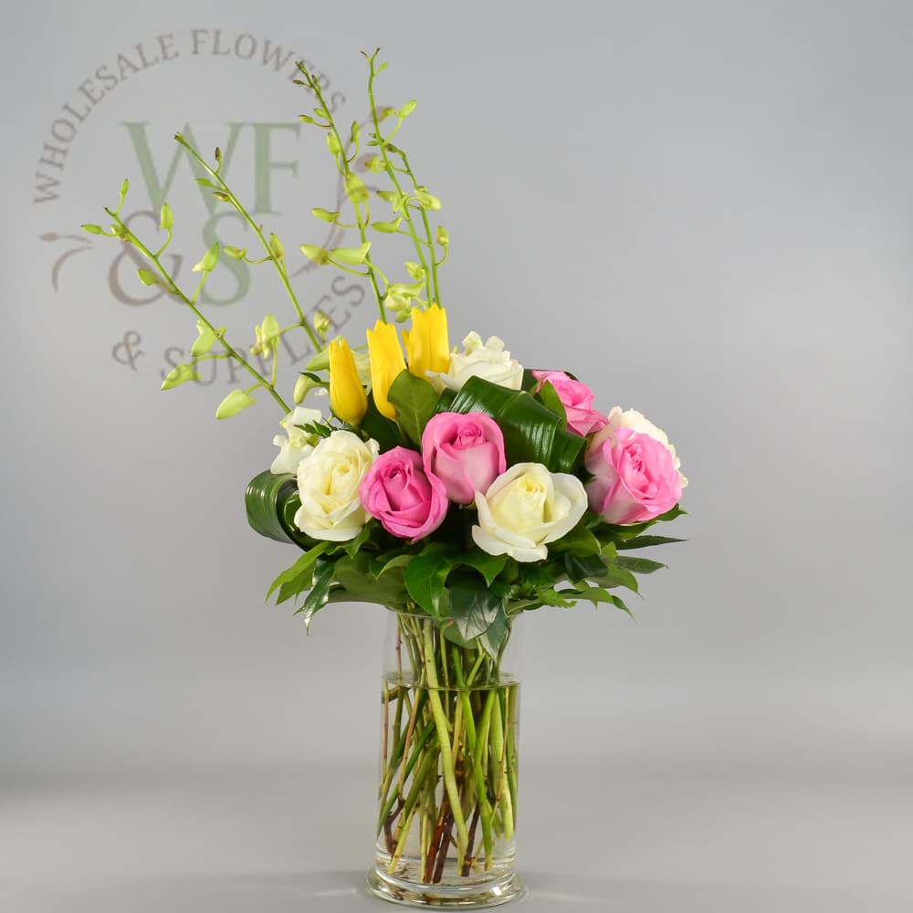 Combo Box 135 Stems of Roses, Tulips, Dendrobium Orchids, Lemon and Aspidistra Leaves