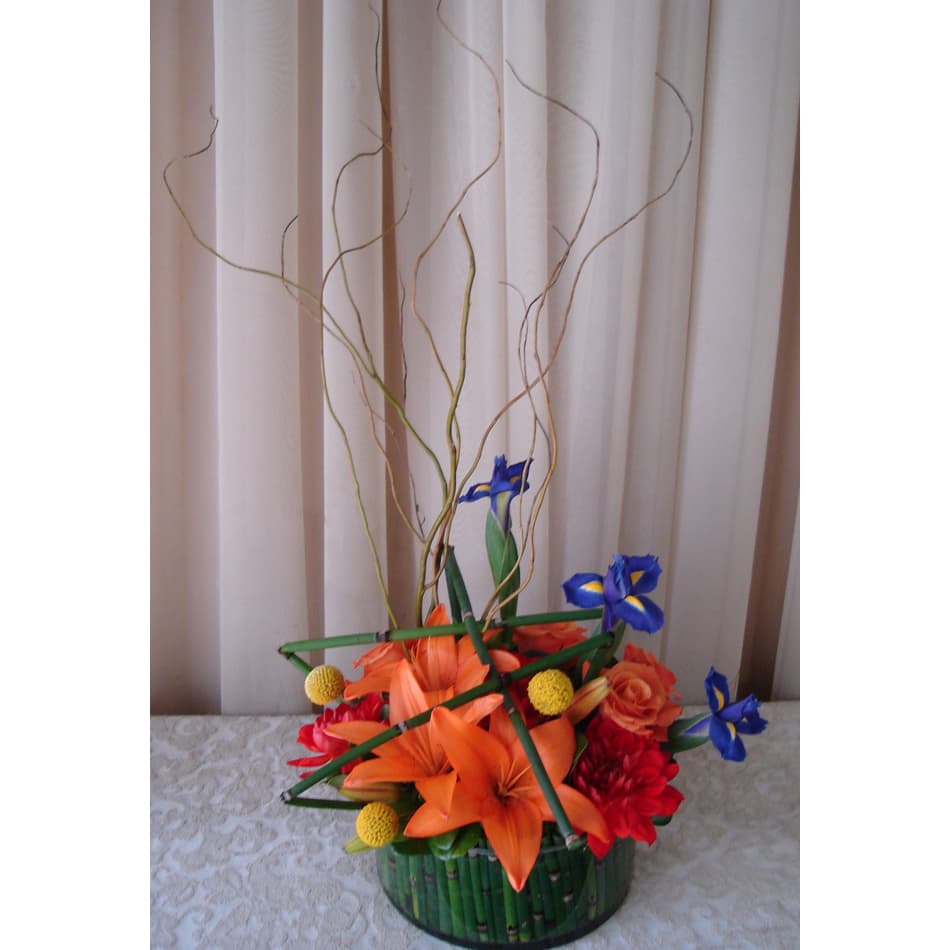 Glass Cylinder w/ Roses, Dahlias & Orange Lilies