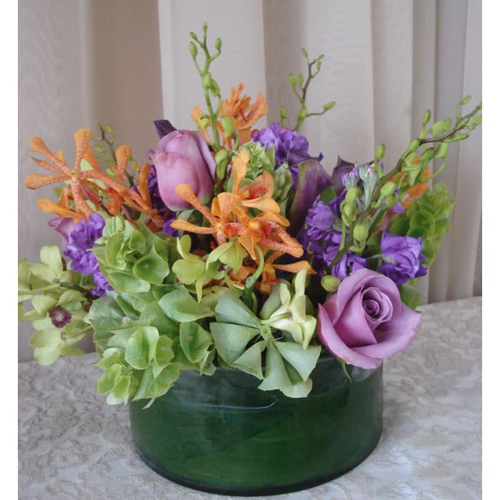 Glass Cylinder w/ Roses & Makara Orchids