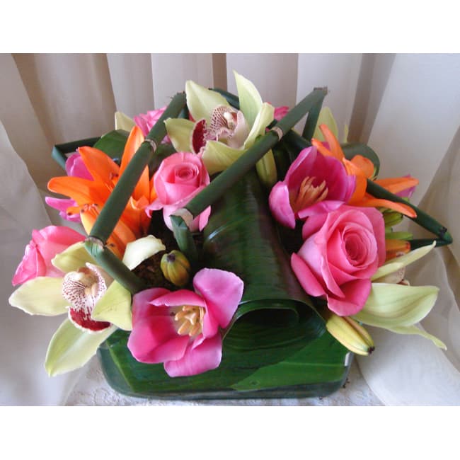 Glass Square w/ Roses, Orchids, Tulips & Lilies