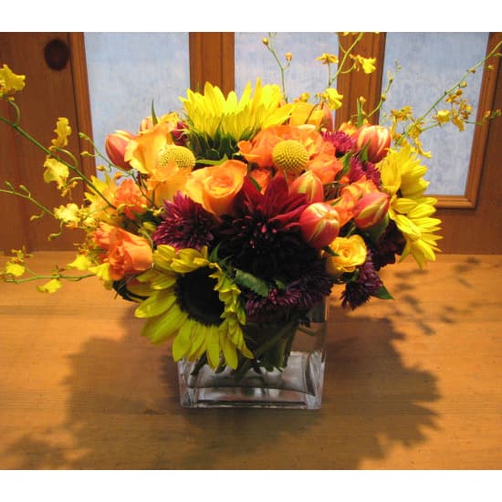 Glass Square w/ Sunflowers, Roses & Orchids