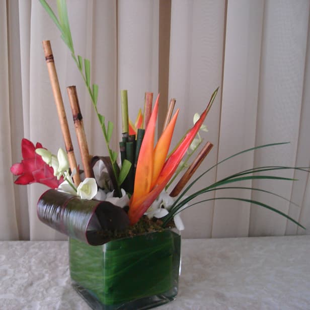 Glass Square w/ Ti Leaves, Bamboo & Birds of Paradise