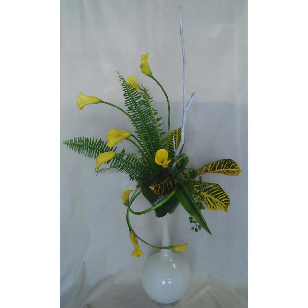 Glass Vase w/ Yellow Mini Calla Lilies, Fern & Ti Leaves