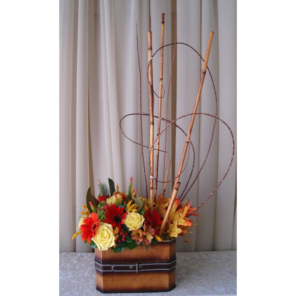 Leather Buckled Container w/ Gerbers & Roses