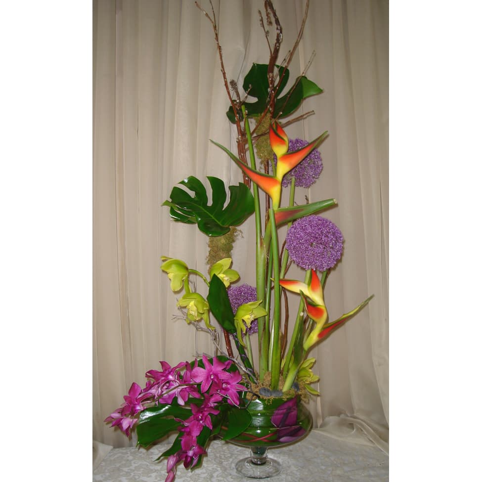 Lily Bowl w/ Orchids, Lilies & Birds of Paradise