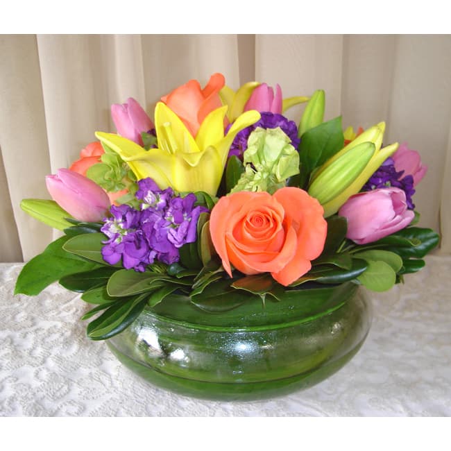 Lily Bowl w/ Tulips, Asiatic Lilies & Roses
