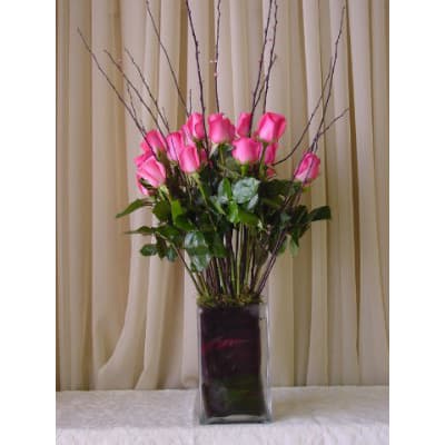 Pink Roses and Ti Leaf in Tall Glass Vase #39