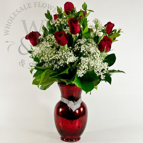 Dazzling Dozen Red Rose Spray with Babies Breath #37