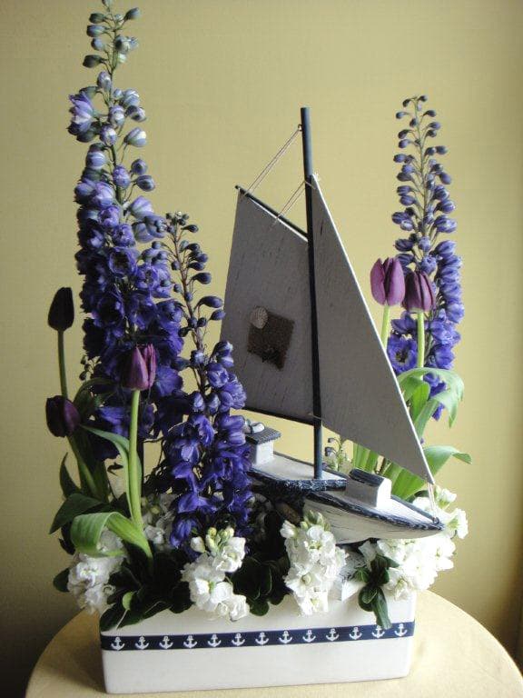 Sail Boat w/ Delphinium, Stock & Tulips