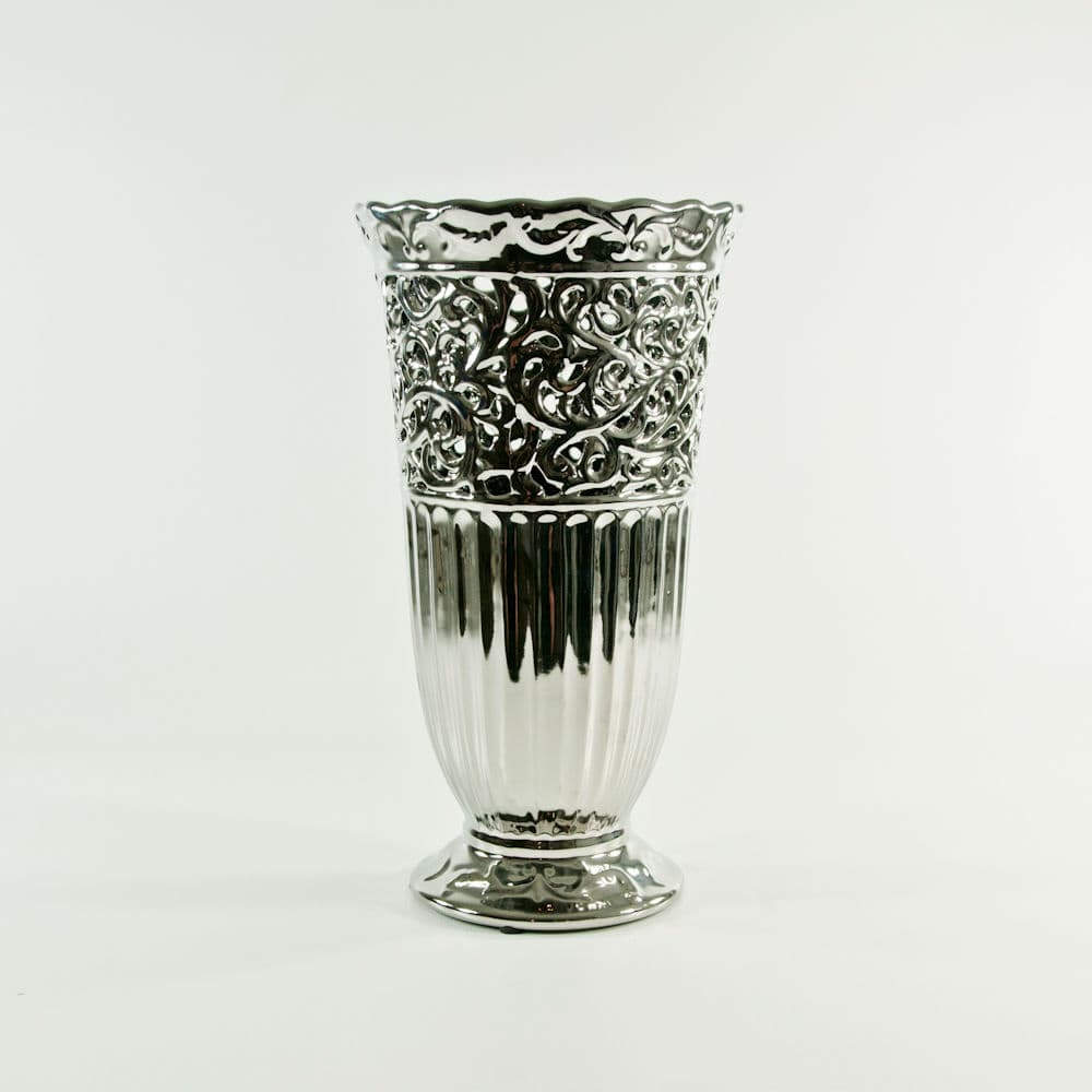 Silver Ceramic Trumpet Vase w/Cut Out Mofit