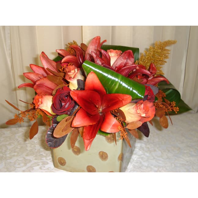 Square Ceramic w/ Red Asiatic Lilies & Roses