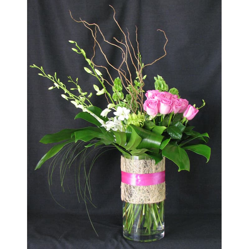 Tall Cylinder w/ Roses & Monstera