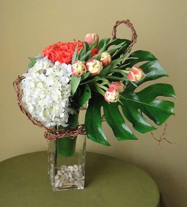 Tall Glass w/ Hydrangea, Roses, Tulips