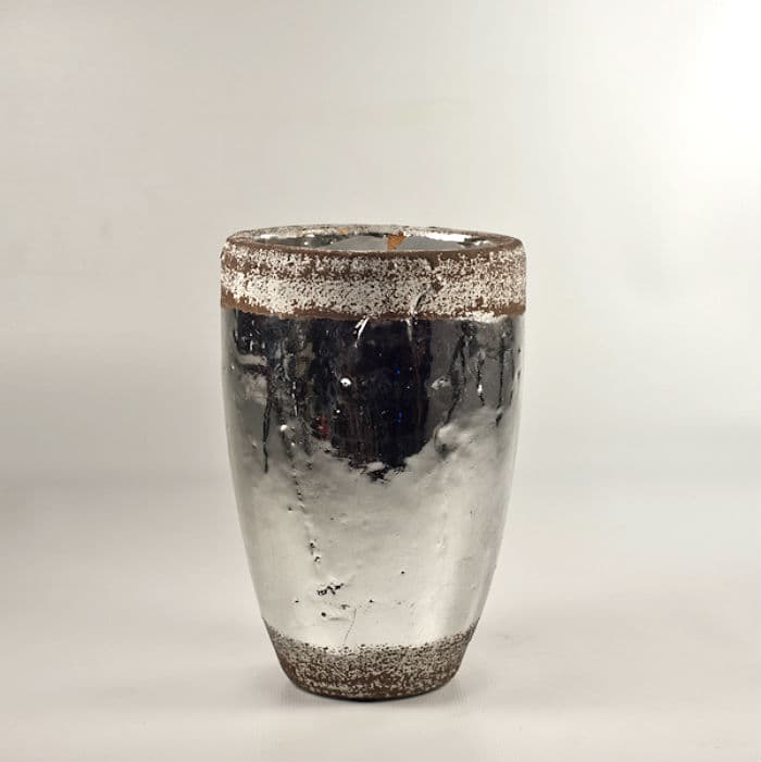 Tall Silver Ceramic Pot with Etched Rims