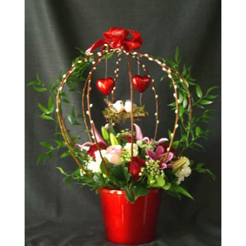 Tapered Red Ceramic Vase w/ Bird Nest