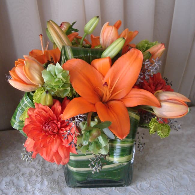 Tapered Square w/ Dahlias, Tulips & Asiatic Lilies