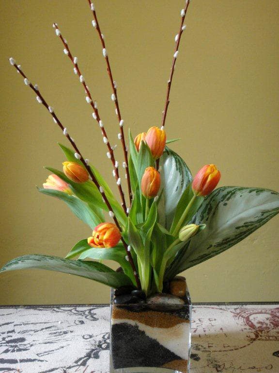 Tulips, Tropical Leaves Pussy Willow