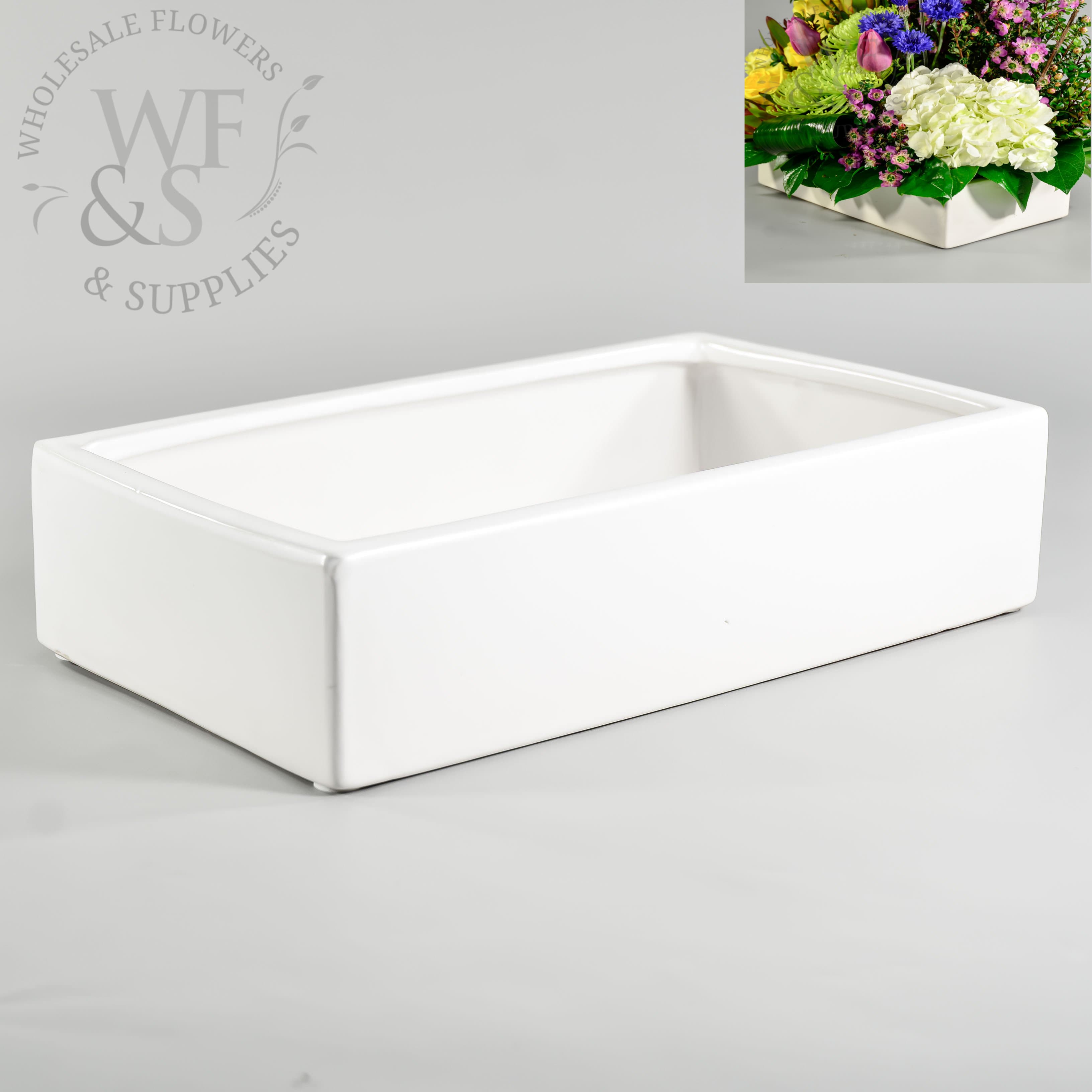 12" Rectangular Low Ceramic Vase for Centerpieces - Matte White