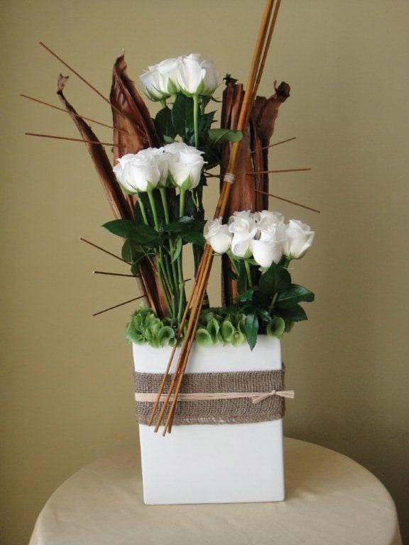 White Ceramic w/ 15 roses, bamboo sticks