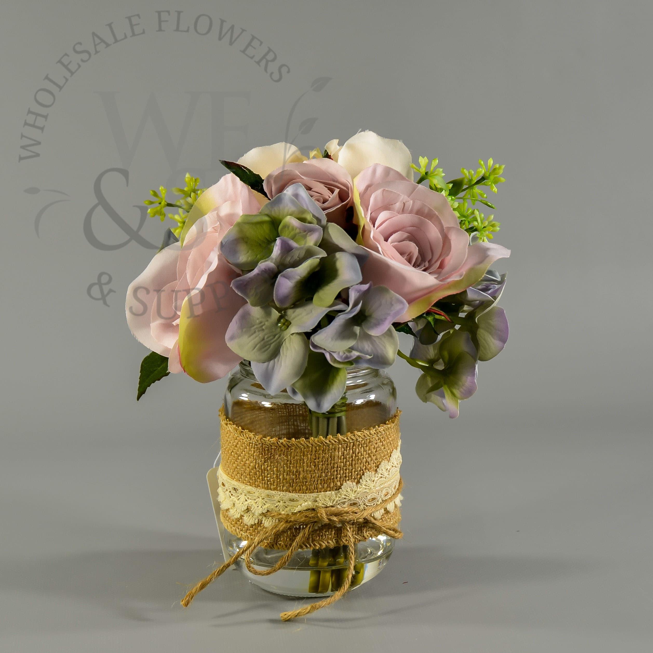9" Faux Rose/Hydrangea in Mason Jar
