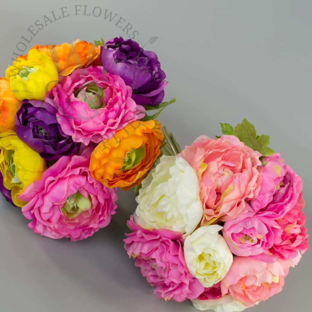 10" Synthetic Ranunculus Bouquet Pink, White and Peach