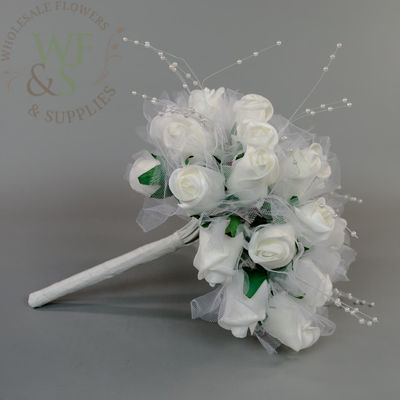 Wedding Bouquet White Roses White Pearls and Tulle