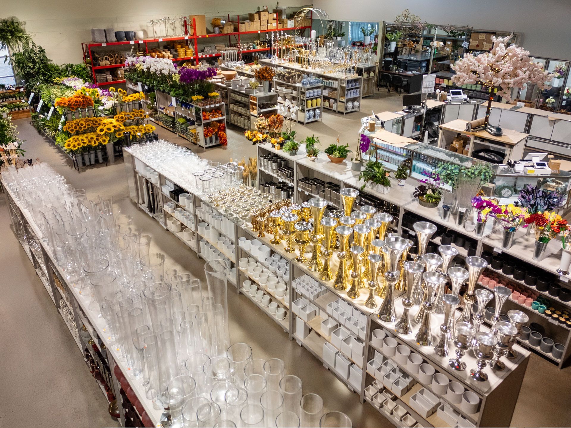 Wide shot of a large flower shop