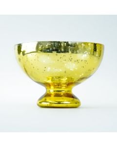 This gold mercury glass pedestal compote bowl vase is made of heavy thick glass in the sparkling gold finish.