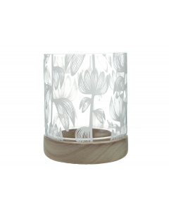 Glass vase w/ Tulip Print and wood base