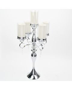 30.5" Silver 5 Arm Candelabra with Hurricane Glass