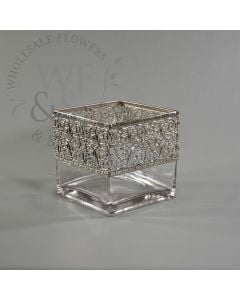 Square Glass Cube Vase with Metallic Silver Band 6x6
