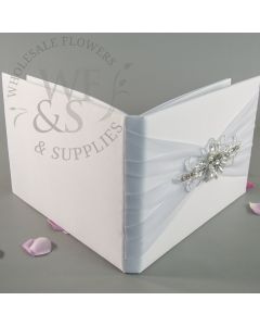 White Satin Wedding Guest Book Decorated with Organza Fabric and Jeweled Motif 